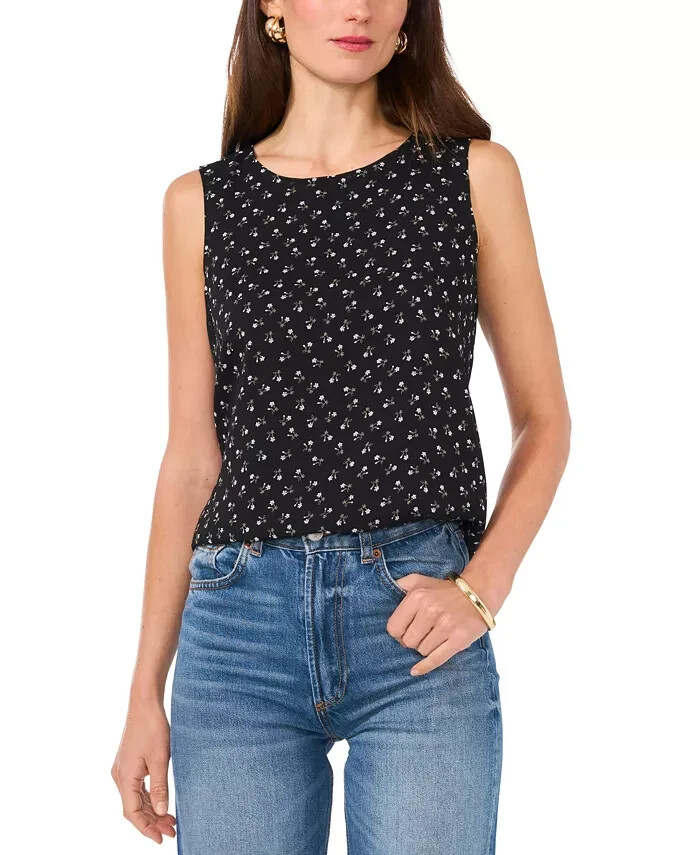 Vince Camuto Floral Crewneck Keyhole-Back Tank Top Women's S Rich Black Pullover
