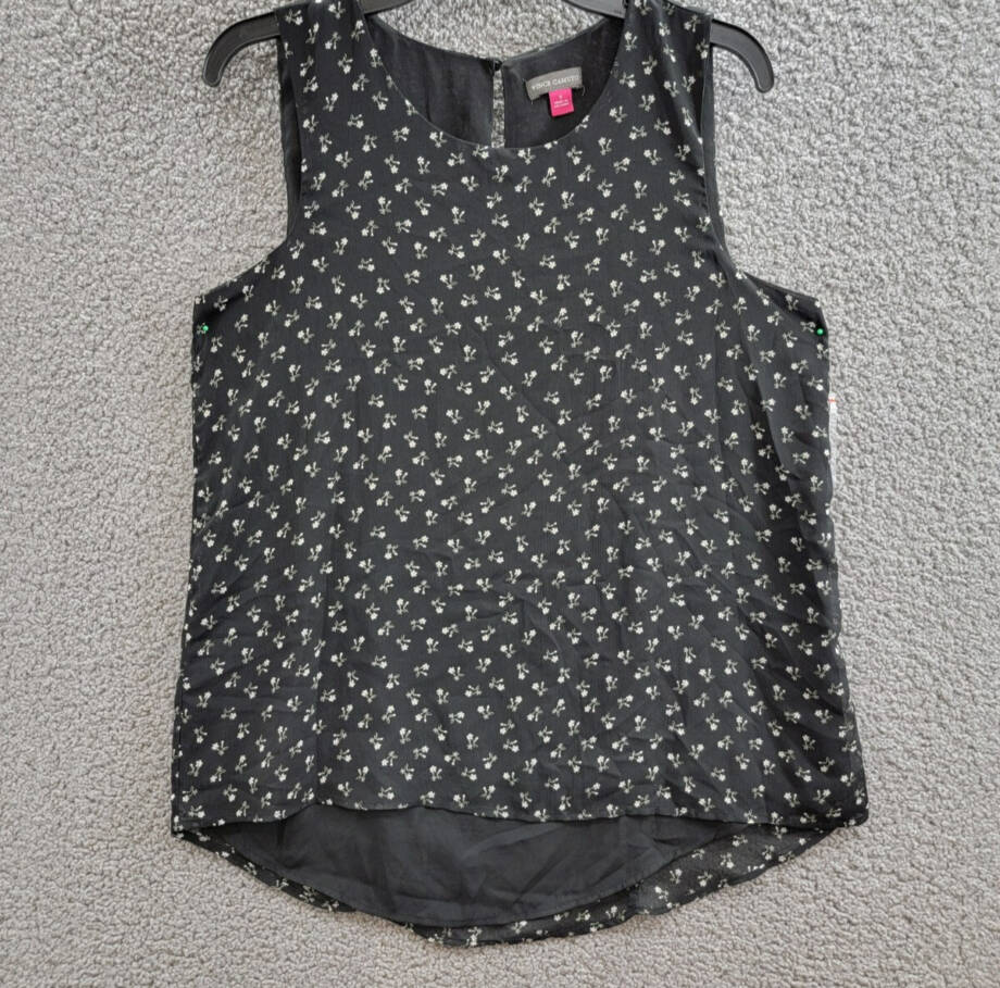 Vince Camuto Floral Crewneck Keyhole-Back Tank Top Women's S Rich Black Pullover