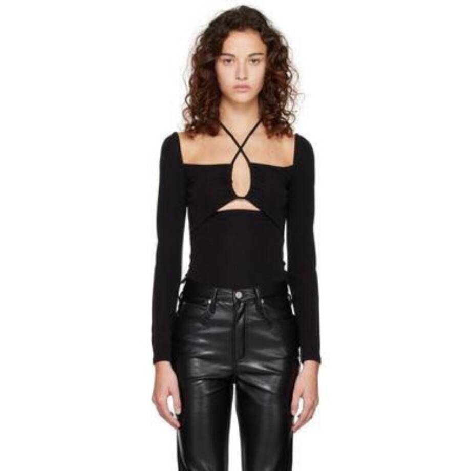 FRAME Strappy Knit Top Women's XL Noir Solid Long Sleeve Back Tie Closure
