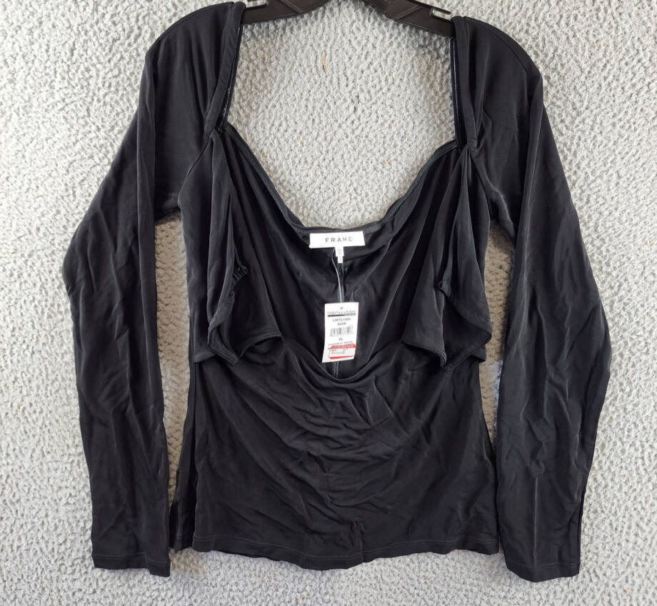 FRAME Strappy Knit Top Women's XL Noir Solid Long Sleeve Back Tie Closure
