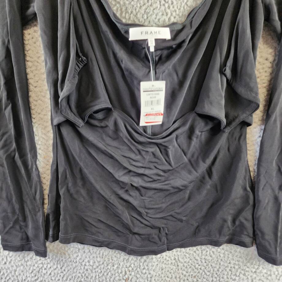 FRAME Strappy Knit Top Women's XL Noir Solid Long Sleeve Back Tie Closure