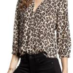Vince Camuto Leopard Print V-Neck Top Women's S Rich Black Multi 3/4 Sleeve