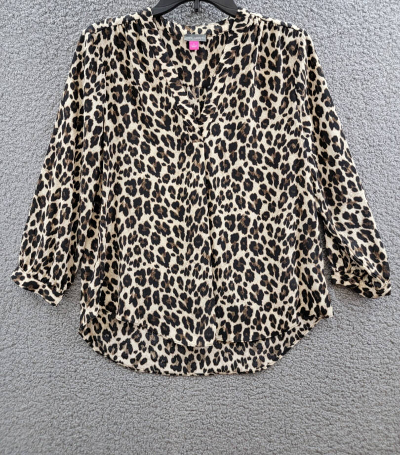 Vince Camuto Leopard Print V-Neck Top Women's S Rich Black Multi 3/4 Sleeve