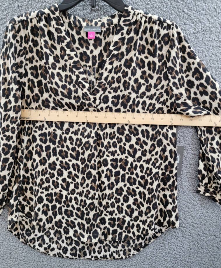 Vince Camuto Leopard Print V-Neck Top Women's S Rich Black Multi 3/4 Sleeve