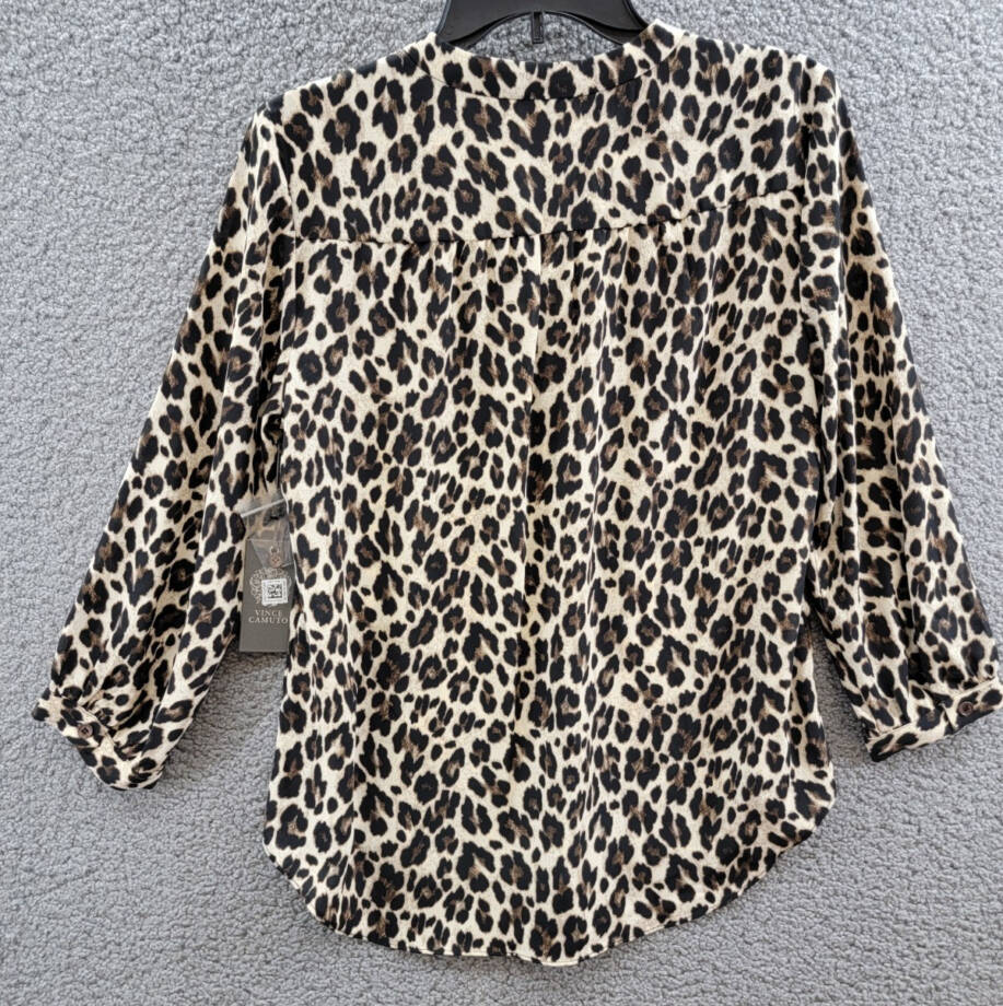 Vince Camuto Leopard Print V-Neck Top Women's S Rich Black Multi 3/4 Sleeve