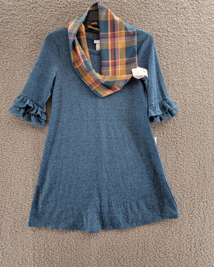 Bonnie Jean Quarter Double Bell Sleeve Knit Dress with Scarf Set Girls 14 Blue~