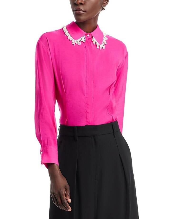 Gracia Faux Peal Trim Collar Top Women's S Fuchsia Button Front Placket L/S