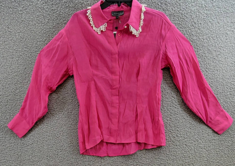 Gracia Faux Peal Trim Collar Top Women's S Fuchsia Button Front Placket L/S