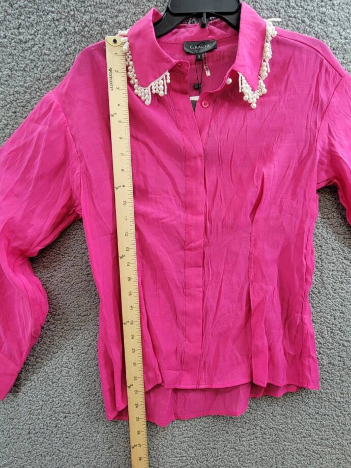 Gracia Faux Peal Trim Collar Top Women's S Fuchsia Button Front Placket L/S