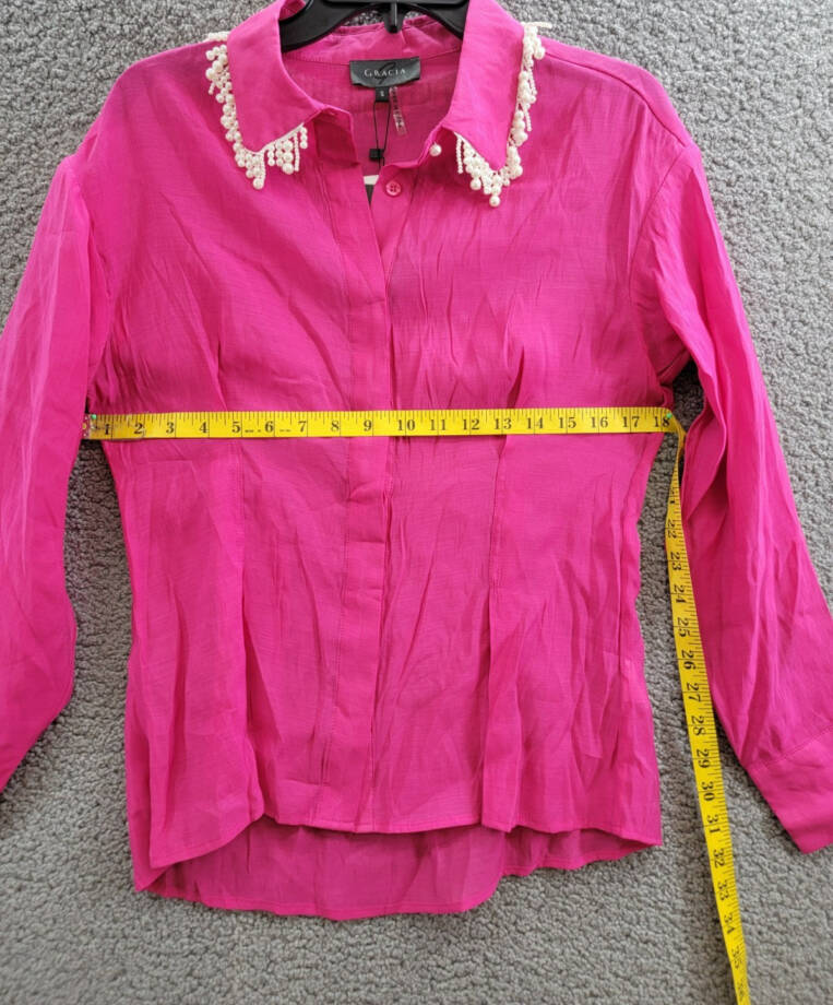 Gracia Faux Peal Trim Collar Top Women's S Fuchsia Button Front Placket L/S