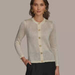 Donna Karan New York Metallic Cardigan Women's L Cream/Gold Button Front L/S
