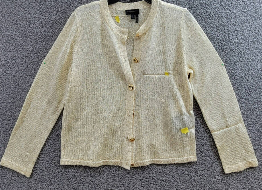 Donna Karan New York Metallic Cardigan Women's L Cream/Gold Button Front L/S
