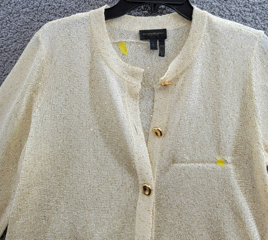 Donna Karan New York Metallic Cardigan Women's L Cream/Gold Button Front L/S