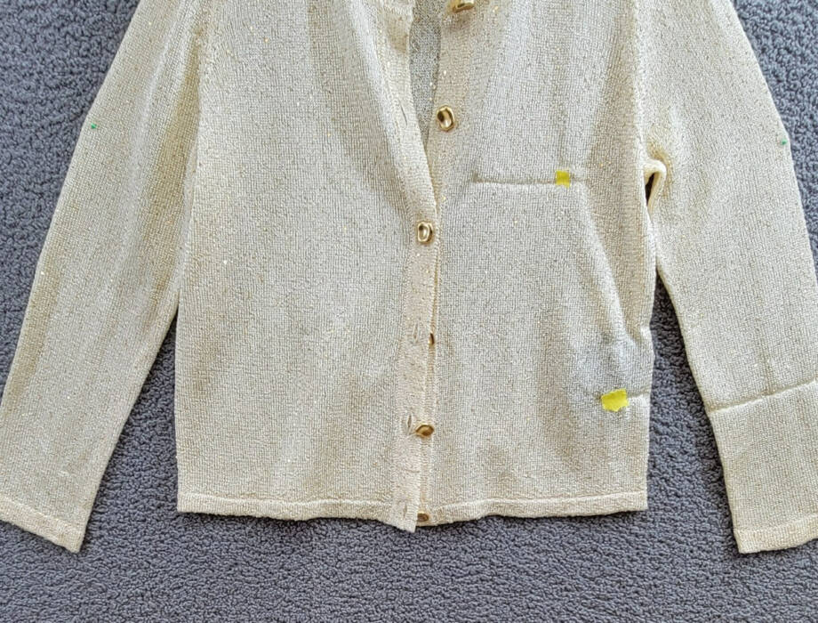 Donna Karan New York Metallic Cardigan Women's L Cream/Gold Button Front L/S