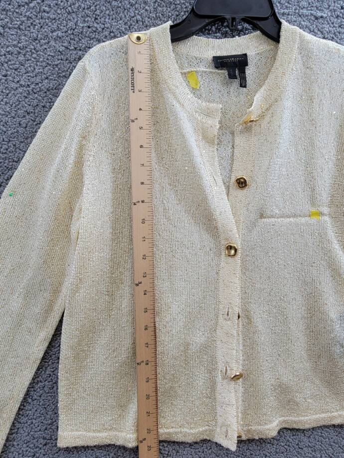 Donna Karan New York Metallic Cardigan Women's L Cream/Gold Button Front L/S