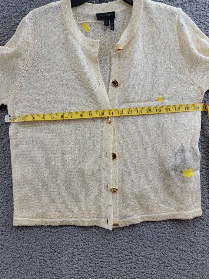 Donna Karan New York Metallic Cardigan Women's L Cream/Gold Button Front L/S