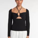 FRAME Strappy Knit Top Women's M Noir Solid Long Sleeve Back Tie Closure