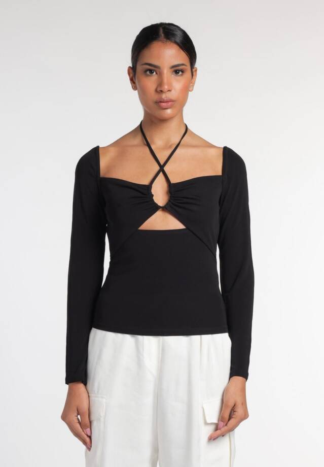 FRAME Strappy Knit Top Women's M Noir Solid Long Sleeve Back Tie Closure