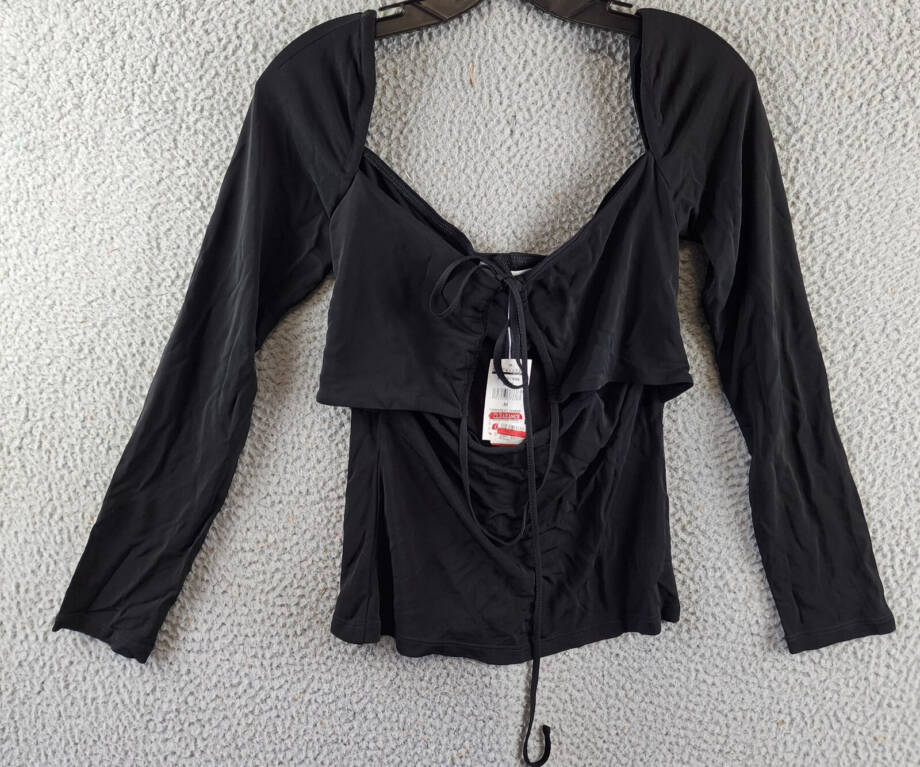 FRAME Strappy Knit Top Women's M Noir Solid Long Sleeve Back Tie Closure