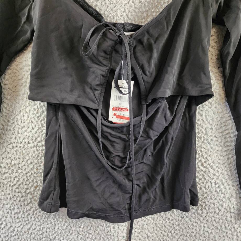 FRAME Strappy Knit Top Women's M Noir Solid Long Sleeve Back Tie Closure