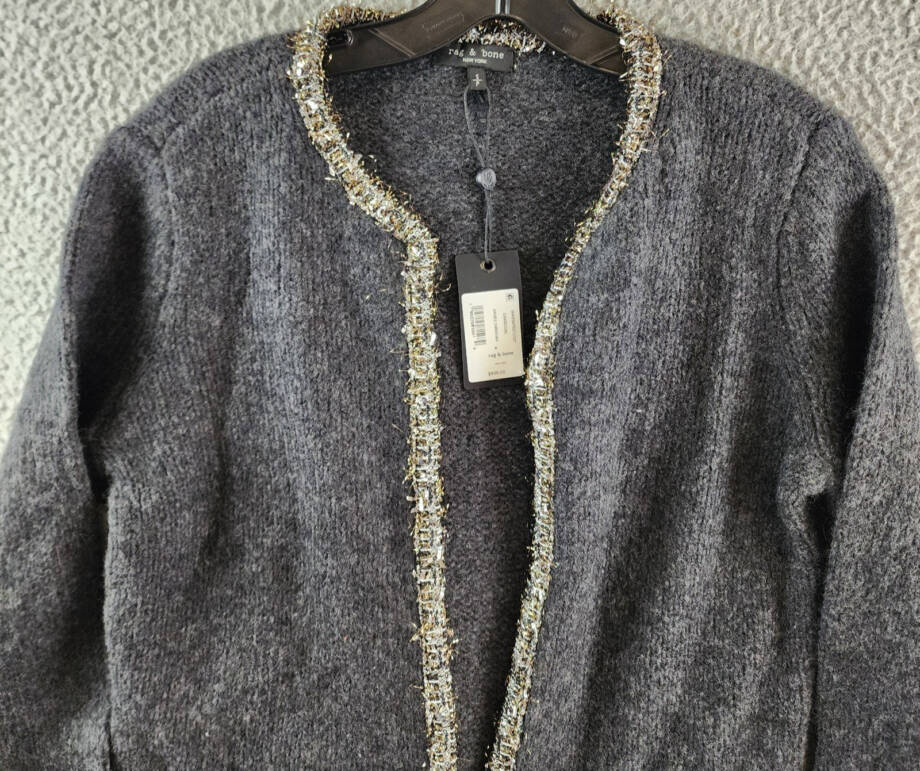 Rag & Bone Davies Wool Blend Cardigan Women's S Charcoal Contrast Trim L/S