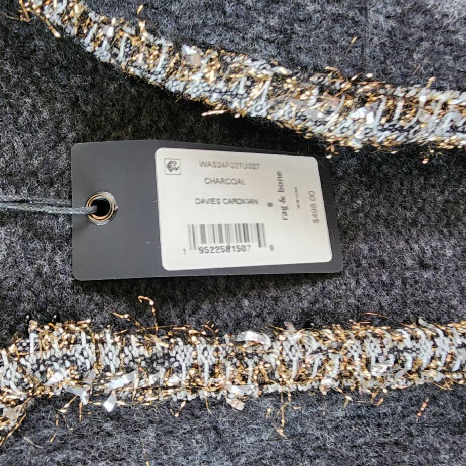 Rag & Bone Davies Wool Blend Cardigan Women's S Charcoal Contrast Trim L/S