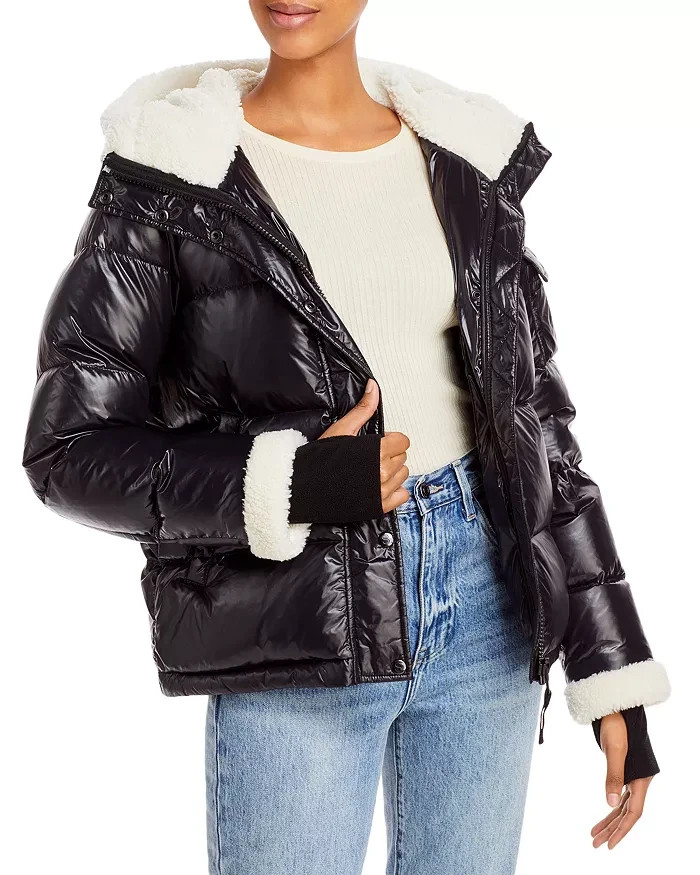 AQUA Jane Down Fur Trim Puffer Jacket Women's S Jet/White Snap/Zip Closure L/S