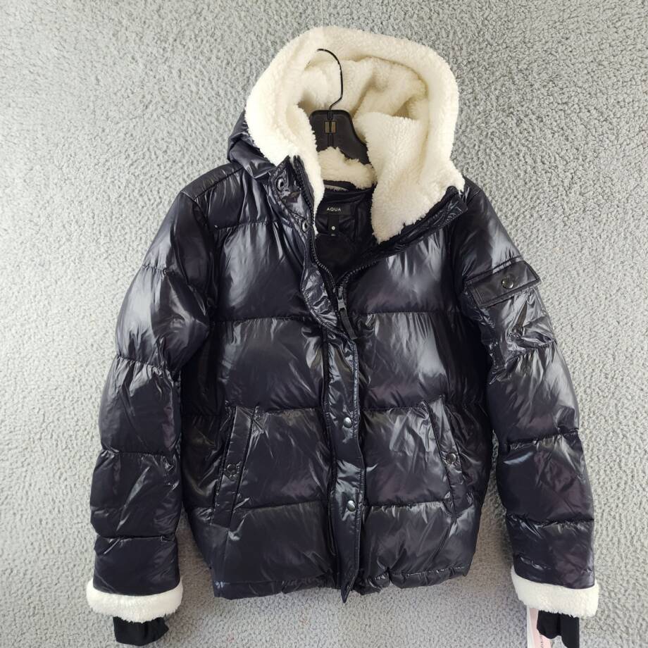 AQUA Jane Down Fur Trim Puffer Jacket Women's S Jet/White Snap/Zip Closure L/S