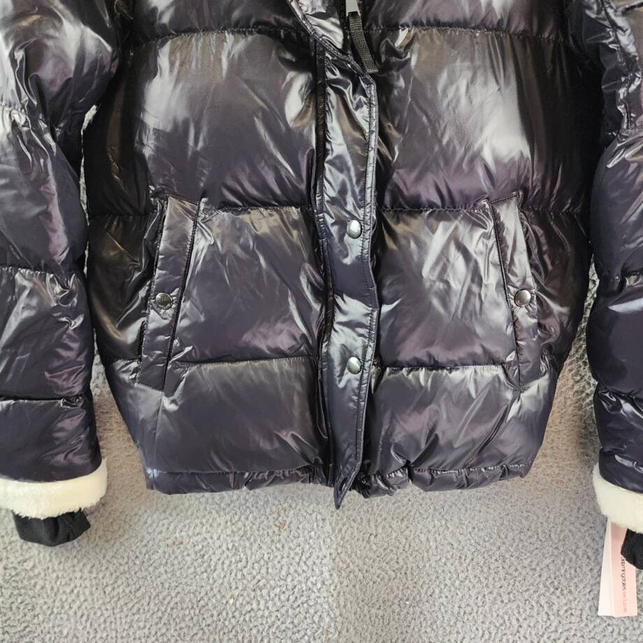 AQUA Jane Down Fur Trim Puffer Jacket Women's S Jet/White Snap/Zip Closure L/S
