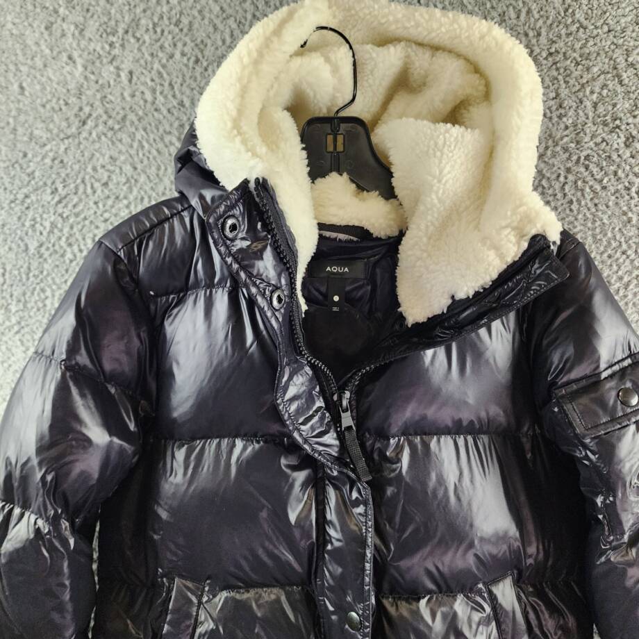 AQUA Jane Down Fur Trim Puffer Jacket Women's S Jet/White Snap/Zip Closure L/S