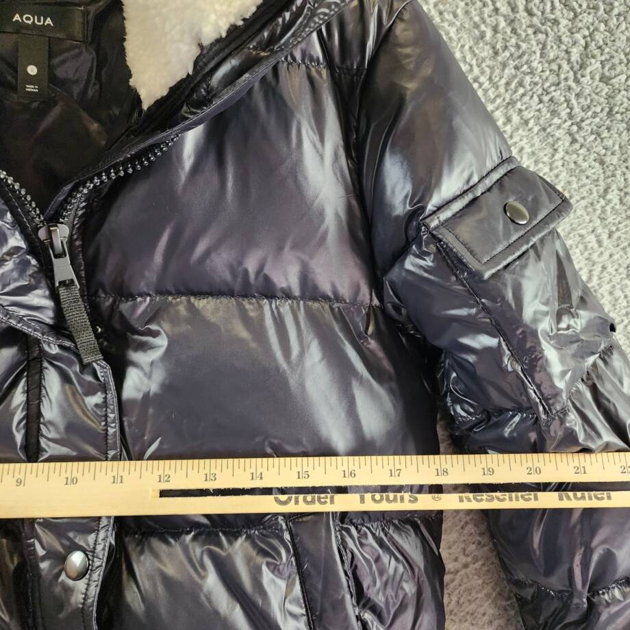 AQUA Jane Down Fur Trim Puffer Jacket Women's S Jet/White Snap/Zip Closure L/S