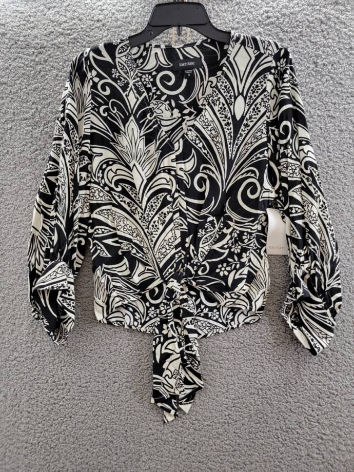 Karen Kane Printed Blouson Sleeve Blouse Women's S Black Pullover Style