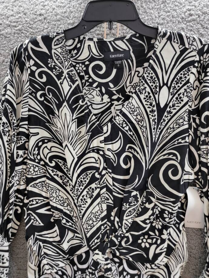 Karen Kane Printed Blouson Sleeve Blouse Women's S Black Pullover Style