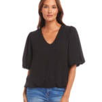 Karen Kane Puffed Sleeve Blouse Hem Top Women's S Black V-neck Pullover Style