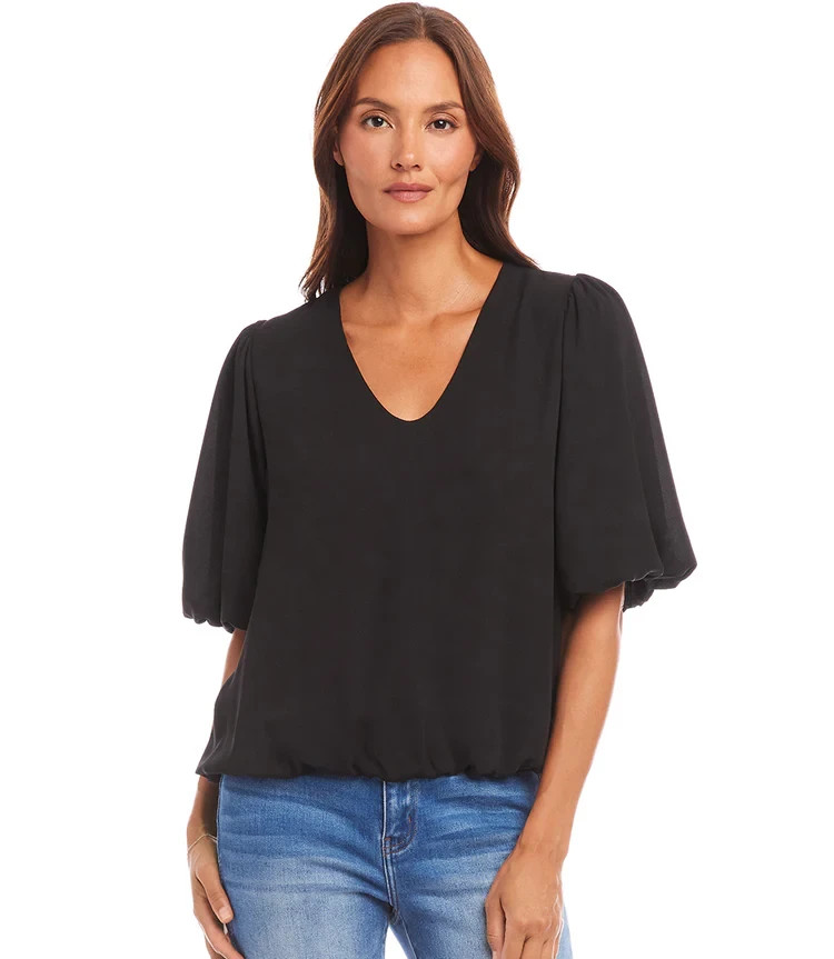 Karen Kane Puffed Sleeve Blouse Hem Top Women's S Black V-neck Pullover Style