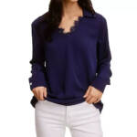 Single Thread Lace Trim Collared Blouse Women's S Peacoat Long Sleeve Pullover