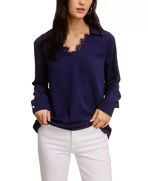 Single Thread Lace Trim Collared Blouse Women's S Peacoat Long Sleeve Pullover
