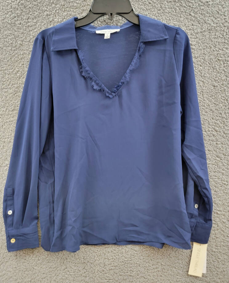 Single Thread Lace Trim Collared Blouse Women's S Peacoat Long Sleeve Pullover