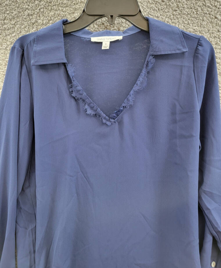 Single Thread Lace Trim Collared Blouse Women's S Peacoat Long Sleeve Pullover