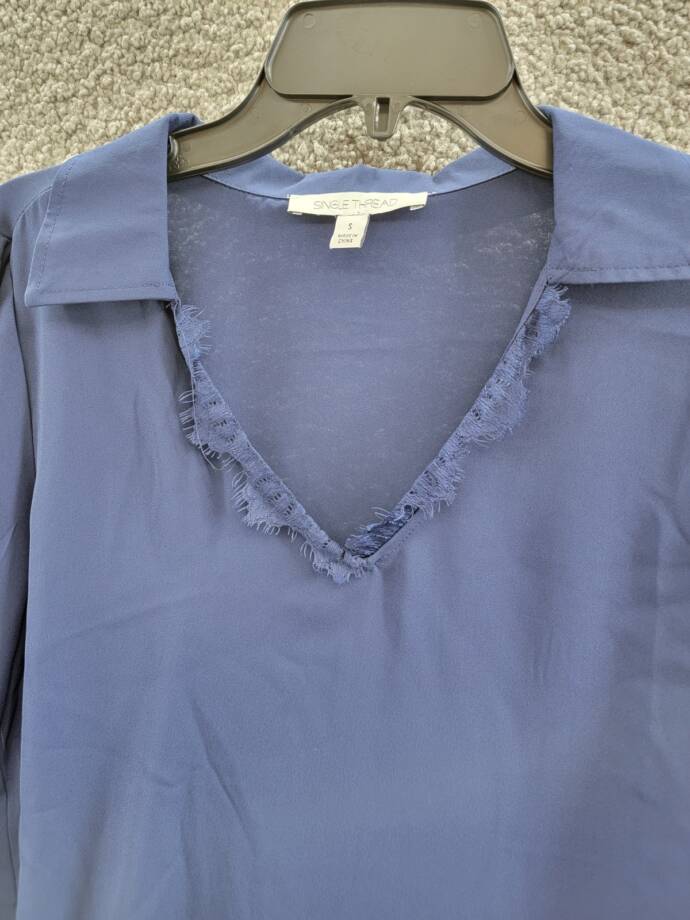 Single Thread Lace Trim Collared Blouse Women's S Peacoat Long Sleeve Pullover