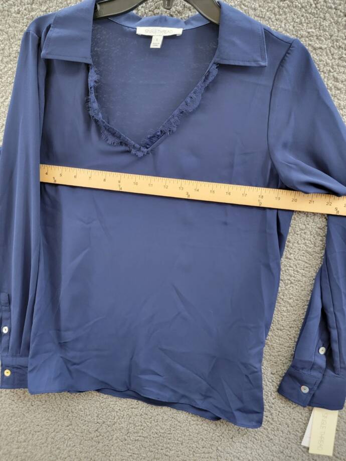 Single Thread Lace Trim Collared Blouse Women's S Peacoat Long Sleeve Pullover