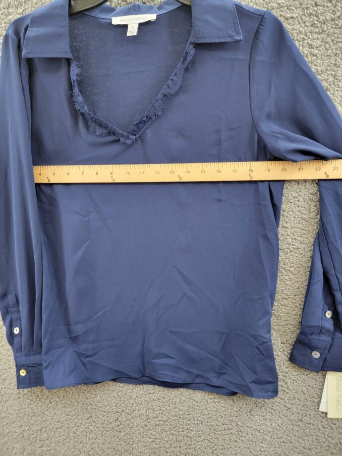 Single Thread Lace Trim Collared Blouse Women's S Peacoat Long Sleeve Pullover