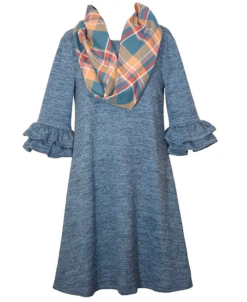 Bonnie Jean Double Bell Sleeves Knit Dress & Matching Scarf Set Girls 12 Blue~