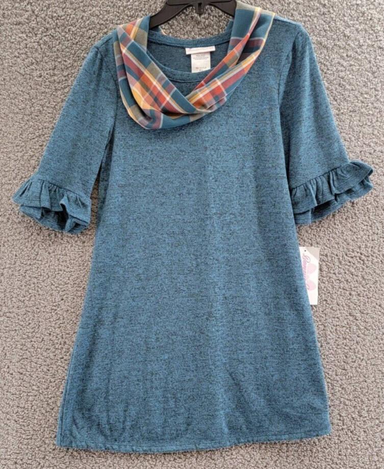 Bonnie Jean Double Bell Sleeves Knit Dress & Matching Scarf Set Girls 12 Blue~