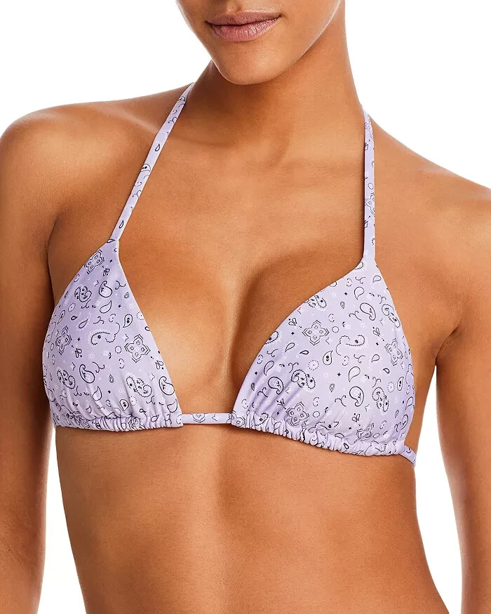 AQUA Bandana Print Triangle Bikini Top Women's S Lavender Ties at Neck and Back