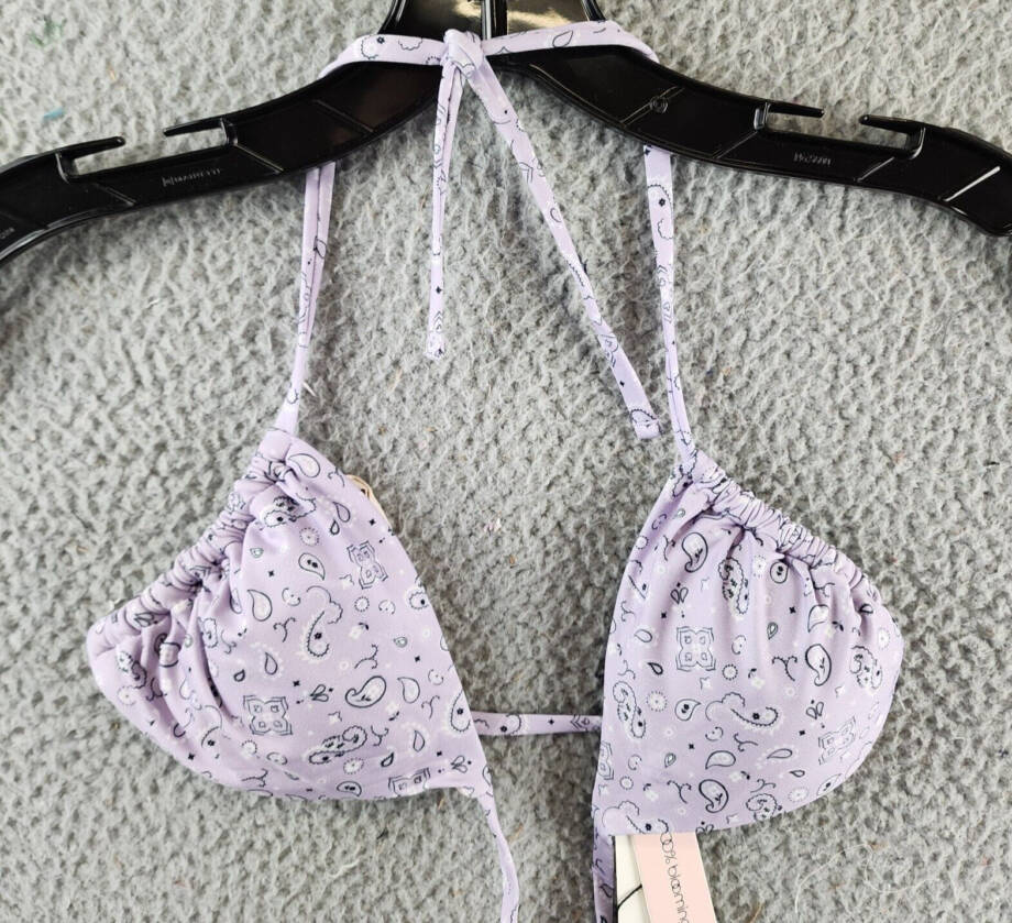AQUA Bandana Print Triangle Bikini Top Women's S Lavender Ties at Neck and Back