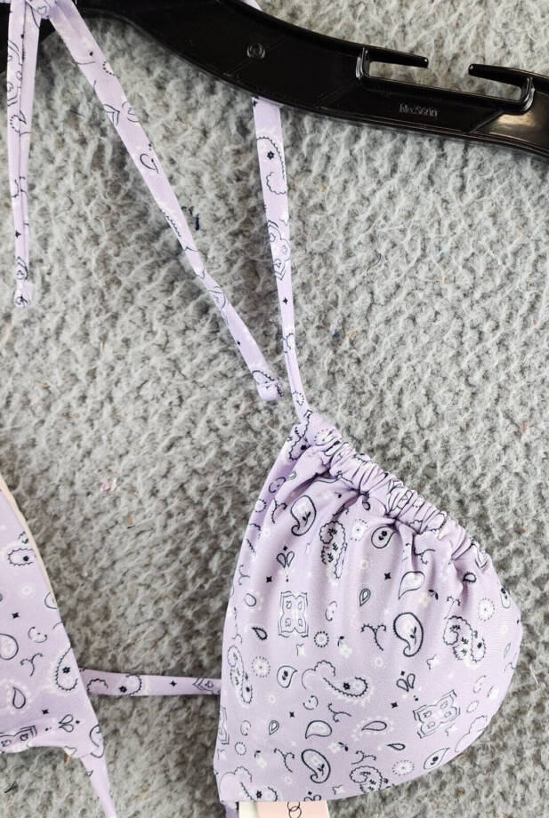 AQUA Bandana Print Triangle Bikini Top Women's S Lavender Ties at Neck and Back