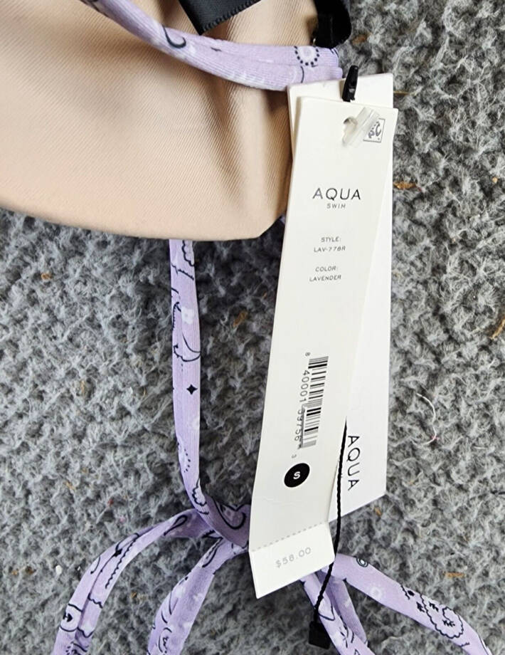 AQUA Bandana Print Triangle Bikini Top Women's S Lavender Ties at Neck and Back