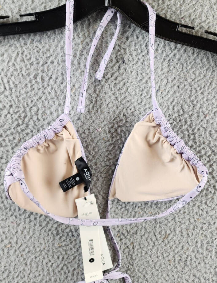 AQUA Bandana Print Triangle Bikini Top Women's S Lavender Ties at Neck and Back