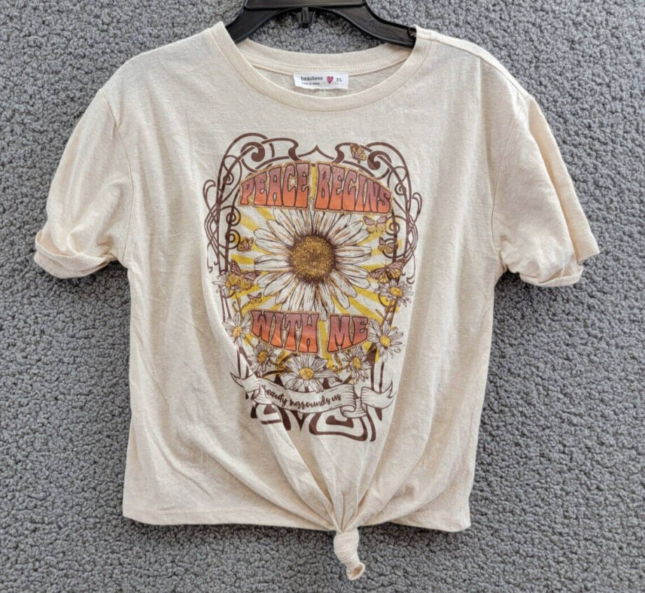Beautees Short Sleeve Crewneck T-shirt Girl's XL Mauve Glitter Screen Side Tie